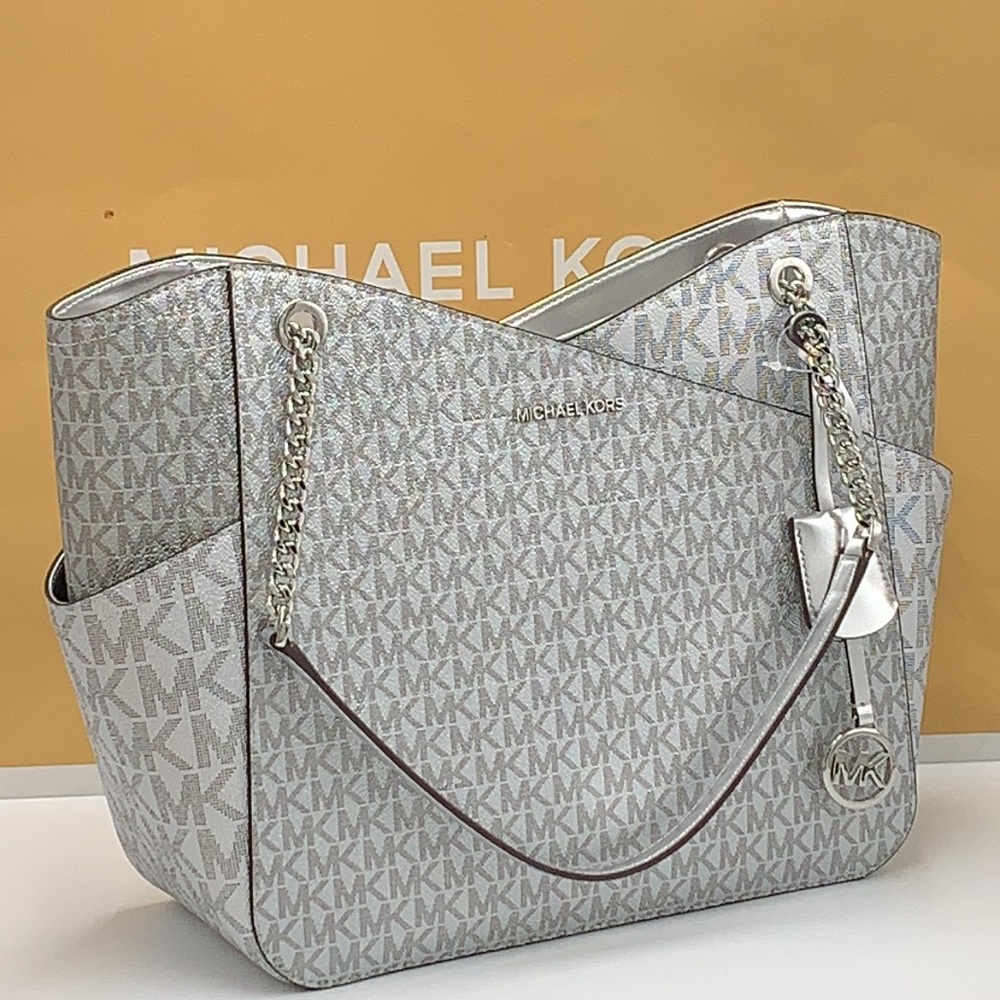 MICHAEL KORS JET SET LARGE X CHAIN SHOULDER TOTE SILVER SIGNATURE COLOR - Picture 6 of 16